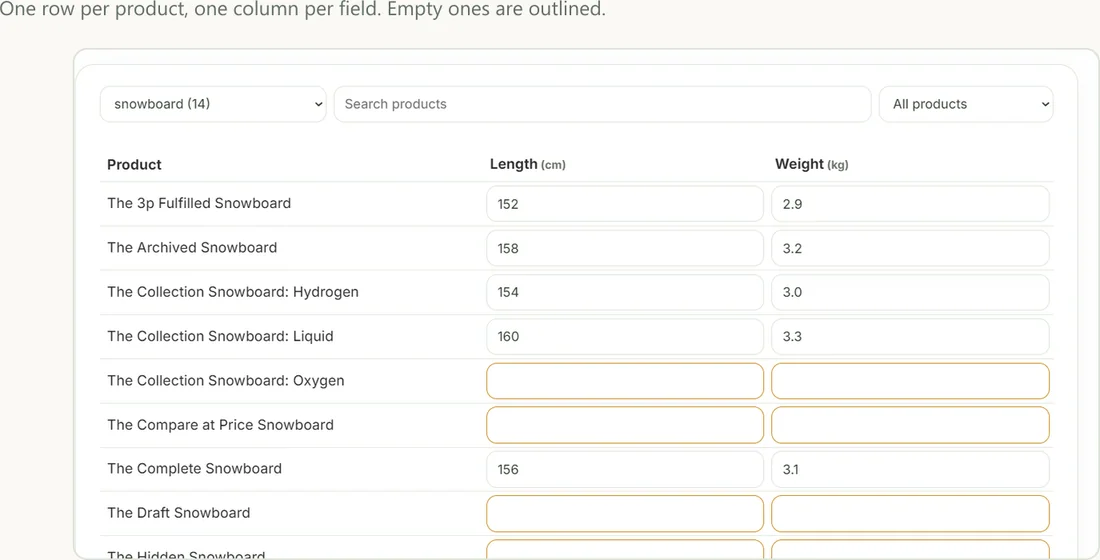 Fill in specs like a spreadsheet